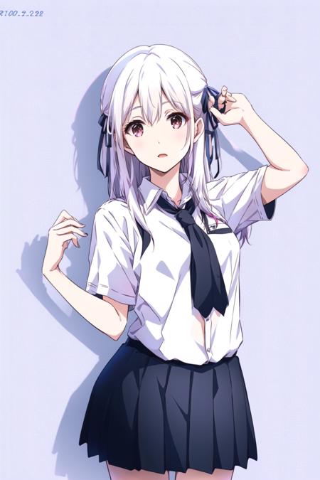 masterpiece, 1girl,solo,best quality, nii_manabu,school uniform, [white hair:pink hair:20],black skirt,long hair,upper body, hair ribbon,