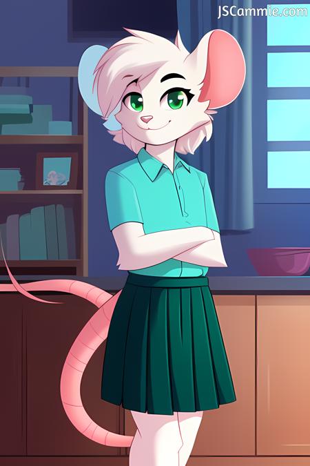 reggie_character, 1boy, mouse, pale pink mouse tail, green eyes, turquoise shirt, black pleated skirt, looking at viewer