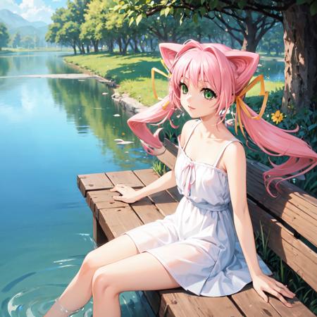 solo, Tamase Miki, green eyes, pink hair, hair intakes, hair ribbon, sundress, sitting by a lake