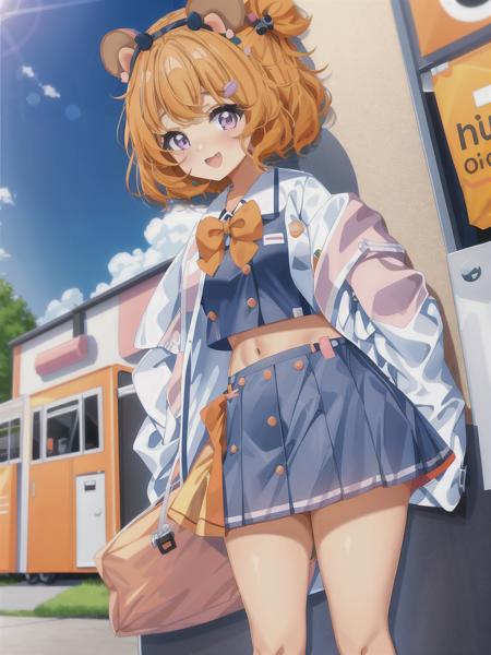 eimi,  <lora:Eimi-PC_1:1>, small hamster ears, hamster girl, short skirt, short shirt, midriff, short hair, hairclips, orange hair, purple eyes, smiling, blush, ribbon, big eyes