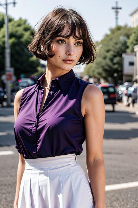 a professional photo of tylrlshae woman gazing into sunset, wearing a sleeveless purple nylon shirt, pleated white skirt, posing for picture in the abandoned city,  (ultra detailed skin), moles, (perfect eyes), (((perfect hands))), (hourglass waist:1.3), (photorealistic:1.2), close up, 8k, dslr, bokeh<lora:epiNoiseoffset_v3:1>  <lora:Taylor_Lashae:0.75>