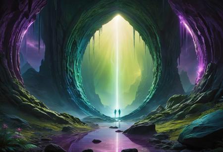 (masterpiece, surreal, otherworldly:1.3), a mesmerizing depiction of a portal to another world, where enigmatic extraterrestrial beings and landscapes await discovery. Picture a shimmering portal crackling with (arcane energy:1.2), its iridescent hues casting a soft glow on the surrounding environment. Through the portal, glimpses of a surreal and alien landscape can be seen, with (twisted rock formations:1.2), (bioluminescent flora:1.2), and (strange creatures:1.2) that defy earthly conventions. A lone figure, bathed in the portal's ethereal light, gazes in awe at the mysterious realm beyond, their silhouette a stark contrast against the unknown expanse. The color palette shifts from (cool purples:1.2) to (eerie greens:1.2), enhancing the sense of otherworldliness and intrigue that permeates the scene. Shadows play across the ground, hinting at the hidden depths and secrets of this alien world, adding a layer of mystery and suspense to the composition. This artwork beckons viewers to step through the portal and embark on a journey of discovery and wonder, where the boundaries of reality blur and the infinite possibilities of the cosmos unfold before their eyes.