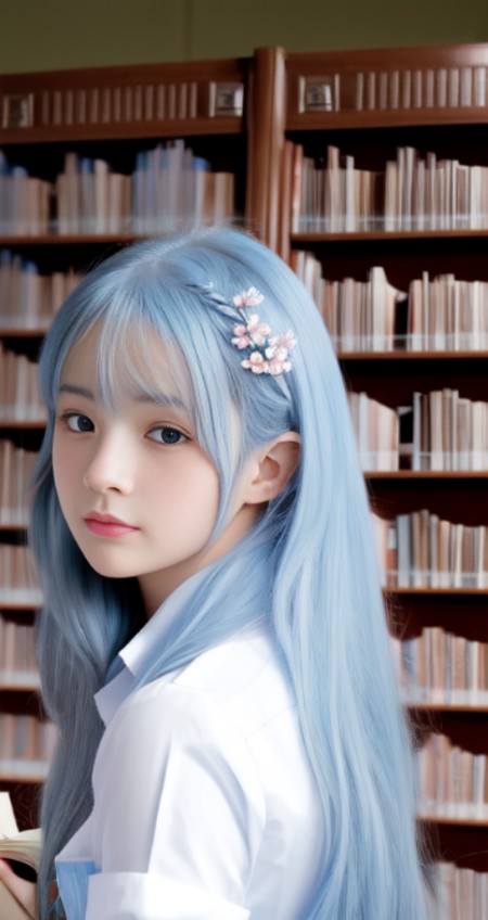 masterpiece, CG, 8k, photo,realistic,a girl, light blue hair, flower hair, messy hair,long hair,library, reading books,(sc...