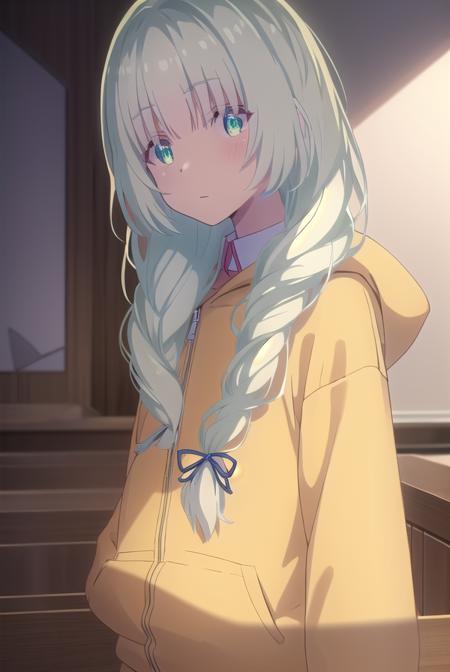 koharuootori, <lora:koharu ootori s1-lora-nochekaiser:1>,
koharu ootori, long hair, bangs, (green eyes:1.3), hair ribbon, braid, white hair, blue ribbon, hair over shoulder,
BREAK shirt, long sleeves, white shirt, collared shirt, hood, sleeves past wrists, hoodie, yellow jacket,
BREAK indoors, classroom,
BREAK looking at viewer,
BREAK <lyco:GoodHands-beta2:1>, (masterpiece:1.2), best quality, high resolution, unity 8k wallpaper, (illustration:0.8), (beautiful detailed eyes:1.6), extremely detailed face, perfect lighting, extremely detailed CG, (perfect hands, perfect anatomy),