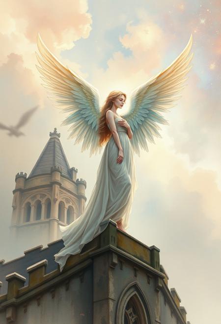 A dreamlike vision of an angel with translucent wings, standing atop a gothic ruin under a sky of soft, painterly nebulae
Romantic realism meets ethereal watercolor fantasy, soft yet dramatic lighting, rich yet muted color palette, fluid and expressive brushwork, dreamlike and mystical atmosphere, delicate and intricate detailing, luminous and airy compositions, elegant and elongated figures, poetic storytelling, subtle surrealism with celestial and nature-inspired motifs, fusion of classical emotion with magical whimsy, harmonious balance of depth and lightness