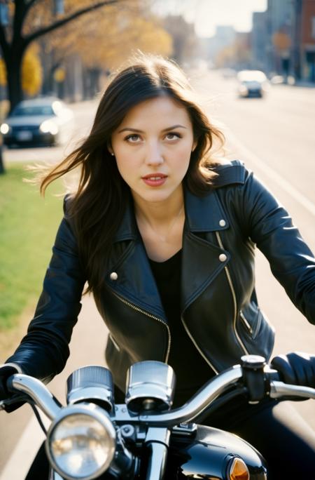 A photorealistic image of lv rdrg woman, wearing a warm thurtleneck and a leather vest, riding a motorcycle, action shot, sunny day, analog film grain, bokeh