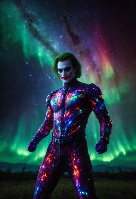masterpiece,best quality,<lora:aurora_0_100_V1>,morph-aurora,space,binary star system,standing,upper_body,1 male,science_fiction glowing tight outfit,outdoors,joker \(dc\),close-up,makeup,