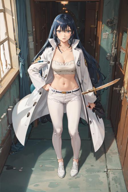 (masterpiece, best quality:1.2), <lora:beelzebub_kunieda-10:0.6>, from above, solo, 1girl, kunieda aoi, serious, closed mouth, holding wooden sword, blue hair, open clothes, coat, (sarashi:1.1), white pants, white footwear, midriff, cleavage