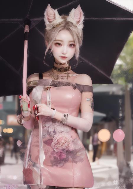 wuxian-xsg,1girl,solo,umbrella,blue eyes,looking at viewer,grey hair,hair bun,holding umbrella,holding,animal ears,pink dress,<lora:wuxian-xsg:0.95>,ulzzang-6500,pureerosface_v1,  ilya kuvshinov, aoi, trending on artstation, oil on canvas