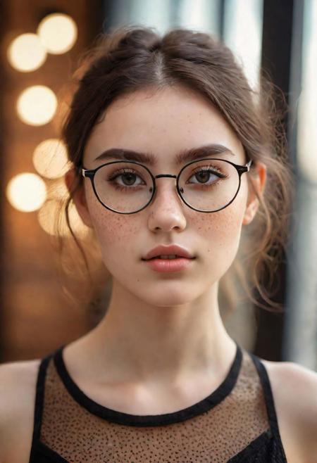 professional portrait, a girl wearing round eye glasses and an black  sheer top, gorgeous figure, interesting shapes, hyper realistic, ultra detailed photograph, detailed gorgeous face, natural body posture, sensual, captured with a 85mm lens,  bokeh, ultra detailed, ultra accurate detailed, bokeh lighting, surrealism, indoor setting, ultra unreal engine, intricate, epic, freckles, punk style, life-size figures,