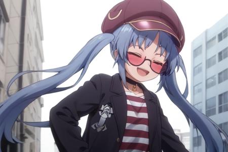 masterpiece, best quality,  <lora:alis:0.5>, alis, alis, alis_normal, 1girl, solo, closed eyes, blue hair, brown headwear, hat, open mouth, smile, twintails, v, striped, shirt, striped shirt, sunglasses, choker,  round eyewear, long sleeves, :d, open clothes, facing viewer, virtual youtuber, jacket, sidelocks, cabbie hat, long hair, bangs, black choker, coat, labcoat, tinted eyewear