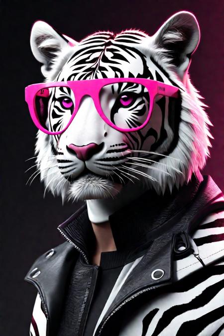 Techwear fashion (Graphic novel:1.3) zebra with pink glasses on its face, pink tigers, anthropomorphic tiger, white tiger, illustrations of animals, award - winning brand agency, a tiger, luxuriant, cute! c4d, ((tiger)), trend in behance hd, tiger, cory behance hd, tigerman, digital art animal photo, behance. polished <lora:AnimAl P FFusion:1>,(High Contrast:1.3) . Futuristic, cyberpunk, urban, tactical, sleek, dark, highly detailed