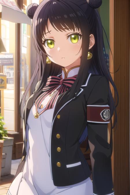 teriawang, <lora:teria wang s1-lora-nochekaiser:1>,
teria wang, long hair, black hair, (green eyes:1.3), hair bun, double bun,
BREAK dress, earrings, chinese clothes, armband, bow, school uniform, jacket, striped, white dress,
BREAK indoors, classroom,
BREAK looking at viewer, (cowboy shot:1.5),
BREAK <lyco:GoodHands-beta2:1>, (masterpiece:1.2), best quality, high resolution, unity 8k wallpaper, (illustration:0.8), (beautiful detailed eyes:1.6), extremely detailed face, perfect lighting, extremely detailed CG, (perfect hands, perfect anatomy),