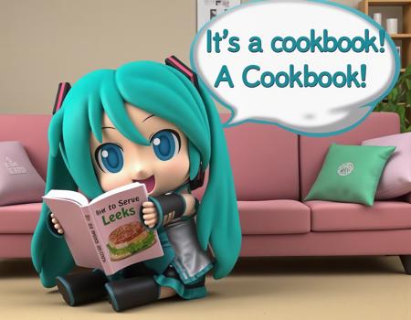 A realistic photograph of MikuDayo, a chibi doll with long aqua hair and aqua eyes.