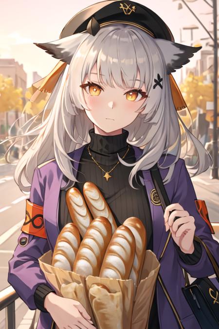 best quality, masterpiece, highres, solo, {ptilopsis_arknights:1.15}, bangs, owl_ears, long_hair, white_hair, orange_eyes, yellow_eyes, upper_body, grey_hair, closed_mouth, feather_hair, 1girl, black_headwear, official_alternate_costume, hat, jacket, beret, holding, food, bag, looking_at_viewer, bread, long_sleeves, purple_jacket, orange_sweater, baguette, holding_bag, outdoors, sweater, hair_ornament, turtleneck