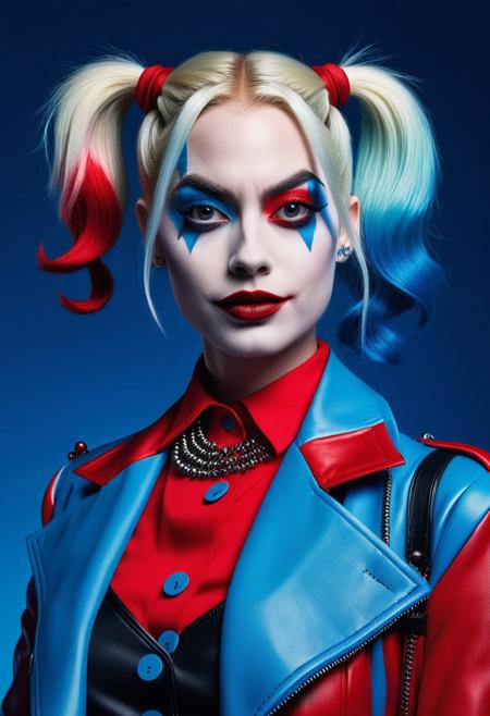 Surreal, Woman (Harley Quinn), avant-garde, simplygo, photoshoot spread, dressed in all red, blue background, harpers bizarre, cover, headshot, hyper realistic