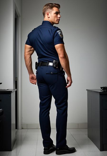 Ass view, Ultra-realistic rear view of a 20-year-old handsome Caucasian male police inside a clean, modern police station. He wears a tight, short-sleeved navy police uniform and a loaded black duty belt. His upper body is slim and lean, with narrow shoulders, while his lower body is extremely muscular with the most exaggerated possible plump glutes stretching the fabric of his uniform pants tight pants. He stands tall in a confident stance, looking back over his shoulder at the viewer with a calm, self-assured expression. Bright overhead lighting, sharp focus, full body in frame, crisp shadows, high detail, photorealistic.
