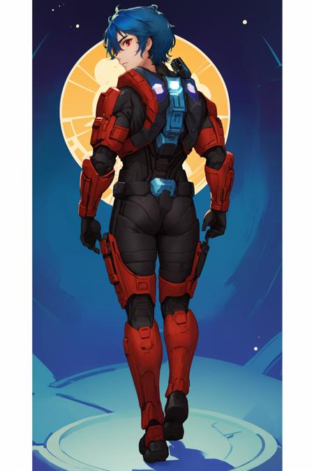 <lora:HaloSpartansV1-000050:1>,  MaleSpartan, 1boy,  helmet_removed, no_helmet, solo, full_body, standing, from_behind, looking_back, illustration, blue_hair, red_eyes,  novel illustration, 2d