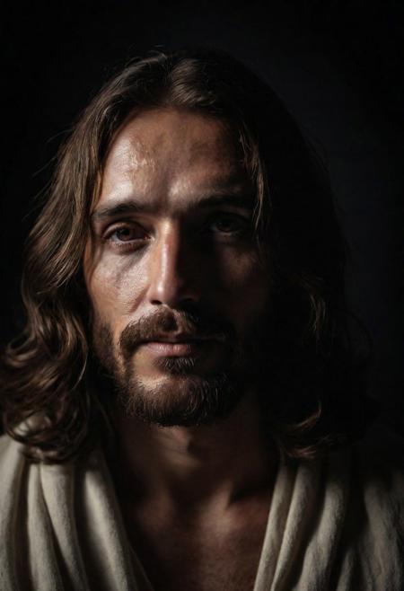 Close-up, Jesus , grim smile, relaxed pose, portrait movie shot, serious, menacing, chiaroscuro style photo, dark background, minimalism, dramatic lighting, professional quality, dull highlights and shadows, natural and original
