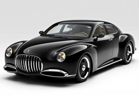 retro-futuristic 4-door coupe, sleek black body, streamlined design with subtle curves, reduced bubble effect, large rounded headlights with integrated LED rings, bold fenders, refined chrome grille with vertical slats, aerodynamic roofline, low and wide stance, smooth doors seamlessly integrated, deep glossy black finish, chrome accents around windows and lights, sculpted rear with modern rounded taillights, jet-age-inspired design, futuristic yet classic, elegant and refined, four-door layout, sophisticated coupe silhouette, ultra-realistic textures, high-resolution, timeless design combining classic elegance with futuristic elements, subtle chrome highlights, powerful yet sleek appearance, (excessive curves:-1.5), (boxy design:-1.6), (supercar influence:-1.6), (flat shapes:-1.6), (over-the-top luxury cues:-1.5)