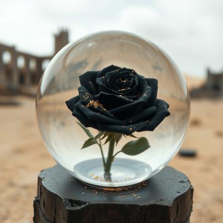 Closeup of a Black rose sprinkled with gold in crystal sphere,post apocalyptic desert, building ruins, shallow depth of field