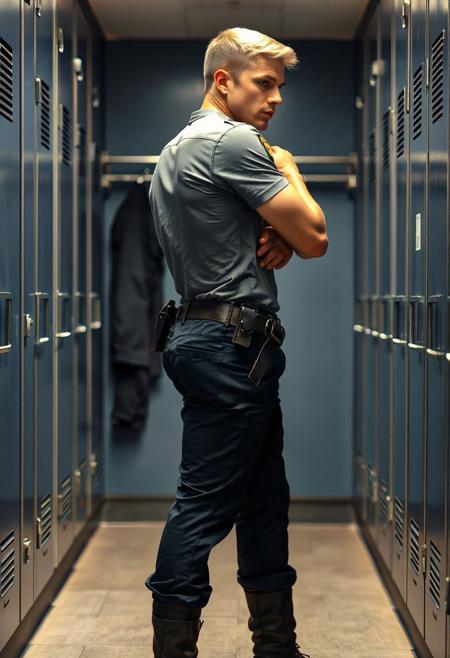 Ultra-realistic bright full-body side photo of a blond 20-year-old Caucasian male police officer inside a police station locker room. His lean, slim physique with his tucked in police shirt, a narrow waist, and muscular glutes. He is adjusting his regulation black police duty belt, which is fastened around his dark navy police uniform pants. The belt emphasizes his big buttocks. He wears polished black tactical boots. The expression on his clean-shaven face is focused and serious