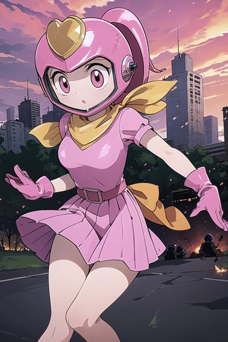 best quality, ultra-detailed, (1girl, solo,<lyco:pretty-bomber-with-helmet-v1:0.9>,pretty-bomber,pink dress, helmet,), in a combat zone, battle field