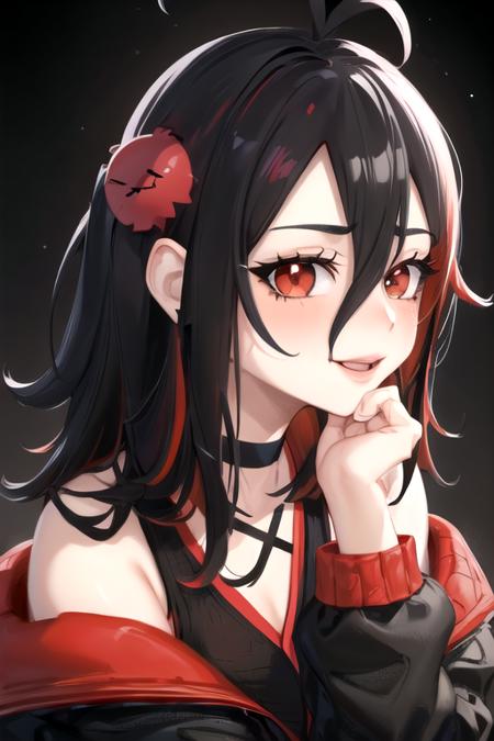 best quality, (masterpiece),(ultra-detailed), (high quality), (high resolution), <lora:Evil-nimu:0.7>,Evil nimu, portrait, smile, two-tone hair, black choker, upper body, black background, red hair, open mouth, jacket, blush, hair ornament, long hair, hair between eyes, multicolored hair, looking at viewer, choker, black eyes, 1girl, solo, colored inner hair, bare shoulders, black hair,red eyes,