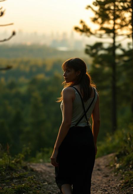 lone roguish female figure, walking away, glancing over shoulder, distant cityscape, transitioning from forest to urban environment, golden light of early morning or late afternoon, cinematic, journey progression, emotional warmth, subtle glance, candid, moment of doubt or hesitation, reflection on the journey, (forest in the background:1.2), city on the horizon, inviting introspection, natural light, dramatic lighting, depth of field, (captured naturally:1.2), (detailed background:1.3), (photorealism:1.4), 8k UHD, (blurry:-1.3), (lowres:-1.5), (ugly:-1.2), (mutated:-1.4), (worst quality:-1.4), (bad anatomy:-1.3), (cartoon:-1.1), (sketch:-1.1), (distorted proportions:-1.3), (extra limbs:-1.5), (cgi:-1.4), (extra characters:-1.5), (savanna:-1.4)