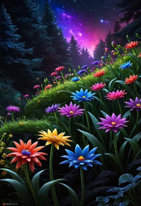 Fantasy, twinkling flowers, forest, light, sparkle, fine art, extreme details, photorealistic, matte painting" ultra highly detailed, detailed, black bg, night bg, rainbow color, ceramic, this one digital painting, highly detailed, intricated, intricated pose, clarity, high quality, center align, Miki Asai Macro photography, close-up, hyper detailed, trending on artstation, sharp focus, studio photo, intricate details, highly detailed, by greg rutkowski<lora:xl_more_art-full_v1:0.4>