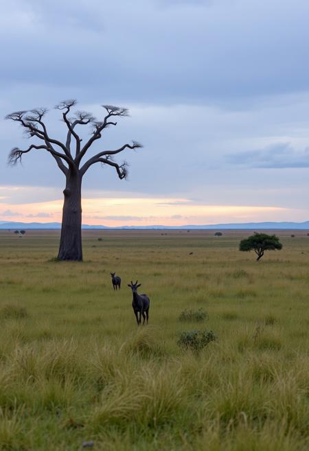 Grassy plains of the Serengeti. 4k. Lifelife realism. Overcast day, near dusk. There is a partial view of a baobab tree on the left side of the frame, right at the foreground. The horizon should be located in the top 1/3 of the frame No animals