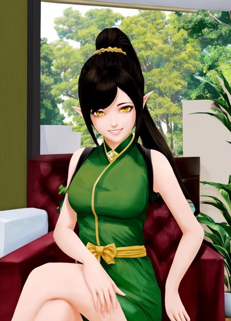 (( masterpiece, high quality, )) Harem_Hotel_Lin, 1girl, solo, long hair, black hair, medium breasts, yellow eyes, ponytail, pointy ears, sexy Paddy O'Green costume, living room, Tree, Paddy O'Green ornaments, (smile,  happy, cheerful, detailed face) , <lora:Harem_Hotel_Lin-11:0.6>, (sitting, crossing legs)