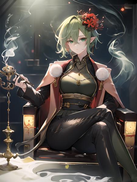 masterpiece,best quality,highres,cinematic lighting,dramatic angle,1girl,green hair,green eyes,hair flower,pointy ears,<lora:ShadowverseMagachiyoV3-000017:0.8:lbw=mgcy>,black suit,sitting,legs crossed,family crest,holding smoking pipe,smoke,depth of field,necklace,looking at viewer,depth of field,expressionless,shaded face,from below,