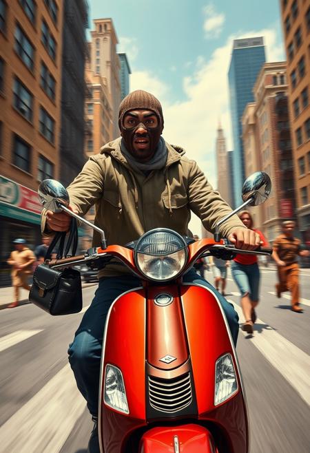 The front view of A young man with a ski mask on his face riding a scooter at full speed in Manhattan. He is excited with a crazy look in his eye.  He holds a purse out with one arm that is fluttering in the wind.  Behind him you can see a worried woman chasing him because he what was hers.  There is the feeling of speed and excitement in the scene.  A lot of the scene is slightly blurry except for him on the scooter and the woman chasing him.  The image has a surreal look to it.  This was professionally oil painted by Frank Frazetta and Norman Rockwell