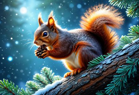 close up, a happy squirrel in a pine tree, with a magical pine cone, Miki Asai macro photography, hyper detailed, trending on artstation, sharp focus, photo studio, intricate details, highly detailed, outer space, vanishing point , super highway, high speed, digital rendering, digital painting, beep, Noah Bradley, Cyrille Roland, Ross Tran, trending on artstation very realistic photography