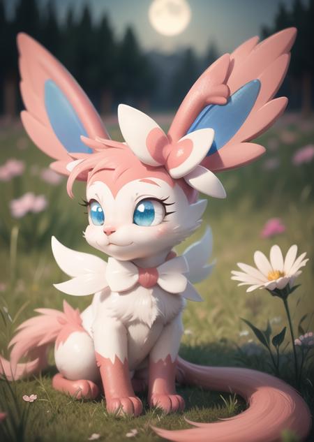 sylveon,animal focus,cute,nigth,grass,flowers,  <lora:Sylveon:0.75>