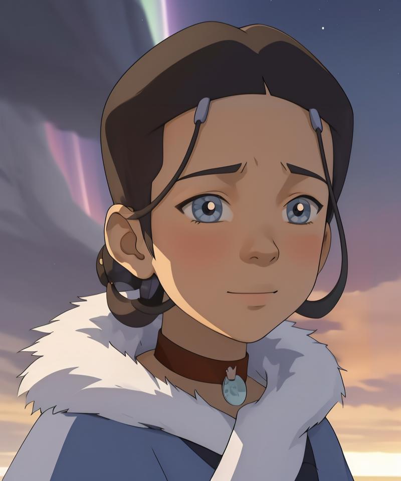 A cartoon girl with braided pigtails and blue eyes looking into the distance.