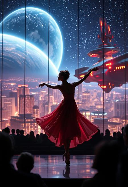 immaculately detailed realistic ultra quality image of a beautiful elegant female dancer is dancing on a futuristic stage micro-LED lighted, the dancer is the focus of the image, every detail of her dress and body are fully visible, the height of the image, behind the dancer on the stage is an enormous seamless and futuristic wall to wall and floor to ceiling window that looks out at a the planet's surface covered with the lights of enormous buildings and cities, An enormous deco starship with futuristic lighting and an enormous space station are visible in the background among the stars, Artistic art deco, dynamic perspective, (((overall architectural aesthetic is Art Deco Cyberpunk))).  Epic image that elicits a feeling of romanticism, wonder, and awe, the silhouette of the audience can be seen in the foreground that show the enormous scale of the stage and seamless window behind it, the dancer is 3/4 the height of the image,