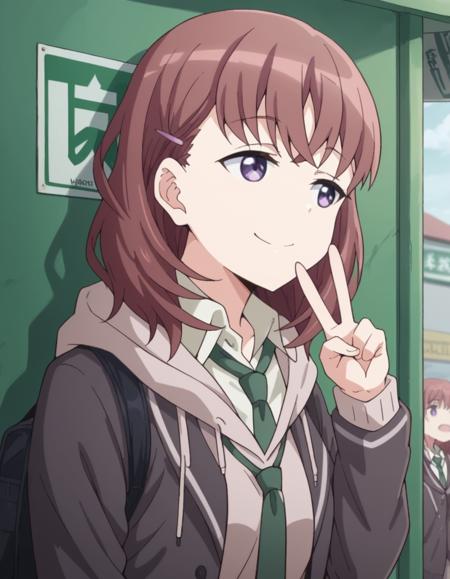 mio natsume, brown hair, hair ornament, purple eyes, hairclip, medium breasts, long sleeves, school uniform, jacket, necktie, hood, hoodie, green necktie,