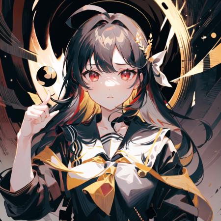 detailed,best quality,masterpiece,illustration,wallpaper,golden ratio,1girl,solo,upper body,beautiful detailed cold face,bow,eyeliner,long hair, black hair,(ahoge:1.2),bangs,hair between eyes,gray inner hair,red eyes,looking at viewer,black sailor collar,serafuku,a (blackhole) behind the girl,depth of field