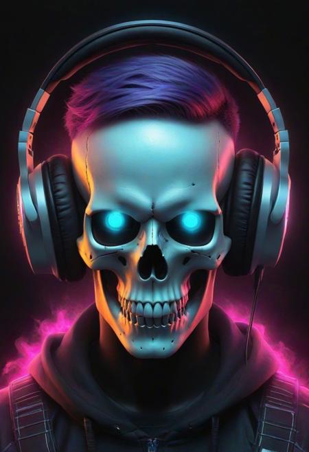 A cybernetic marvel unfolds: A skull adorned with headphones emerges in front of a dark background, creating a ghostpunk aesthetic in this epic digital art piece. This professional and captivating portrait captures the essence of a DJ in the cyber realm, radiating a synthwave vibe. The combination of a death skull and fantasy elements results in a beautiful digital artwork that stands out as the best on ArtStation. This smooth and detailed creation, portraying a night-time raid, exemplifies great digital artistry. With its blend of scary yet colorful elements, this trending digital art piece epitomizes the portrait of a cyber skeleton in a mesmerizing and haunting manner.