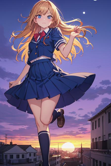 tareme,
big eyes,
(shining) eyes,
(inviting face:1.2),
(high detailed school uniform:1.2),
band of light,
(wind:1.4),
anime,
realistic,
high detailed eyes,
perfect anatomy,
(masterpiece,
best quality,
high detailed:1.4),
8k,
cg.
wallpaper,
(blue sunset:1.4),
(moon:1.2),
full body,
dynamic pose,
1girl,
solo,
chests lift,
looking at viewer,
from below,
(top of the building:1.2)