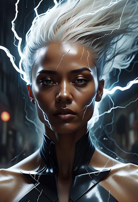 Genius masterpiece describing  Surrealist art  Mystic transforming into storm from X-men, bold lines, perfect body lines, hyper detailed, a dark warm limited palette, lightning reflecctions, cinematic <lora:linquivera:0.8>, liiv1, . Dreamlike, mysterious, provocative, explosive, symbolic, revealing intricate, detailed, pale hair, long shot, dynamic action