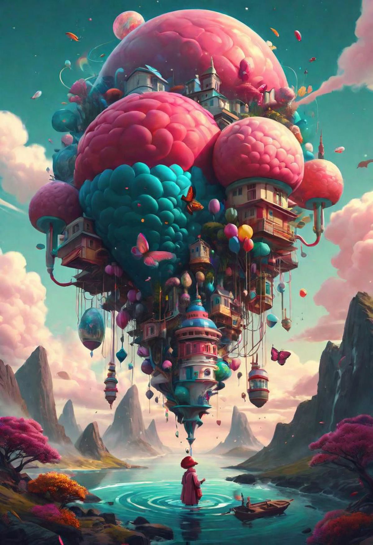 A whimsical painting of a giant castle made of balloons and other objects.