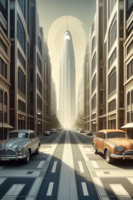 (futuristic street with parked cars) in ArtDecoStyle, (utltra-detailed, masterpiece, best quality, high resolution:1),  <lora:ArtDecoStyle:1>