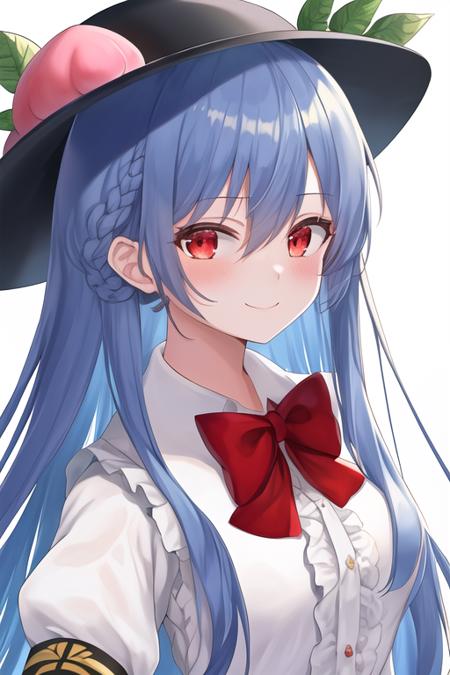 masterpiece, best quality, highres, solo, {hinanawi_tenshi_touhou:1.10}, blue_hair, long_hair, red_eyes, peach, food, fruit, hat, black_headwear, blush, bow, very_long_hair, hair_between_eyes, 1girl, bowtie, leaf, looking_at_viewer, puffy_short_sleeves, puffy_sleeves, red_bow, red_bowtie, shirt, short_sleeves, upper_body, white_shirt, bangs, frills, simple_background, center_frills, white_background, smile, sidelocks