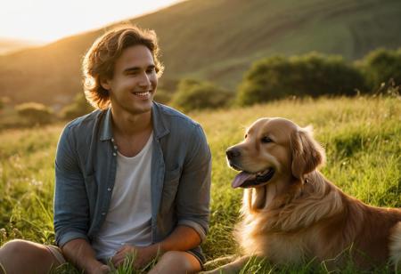 Golden retriever gazing affectionately at its young and beautiful man owner, both sitting on a lush green hill at sunset, soft golden light bathing the scene, clear focus on the bond and emotion in the dog's eyes, owner smiling gently, sense of a peaceful, warm afternoon, natural light, ultra clear, emotional connection, ultra realistic