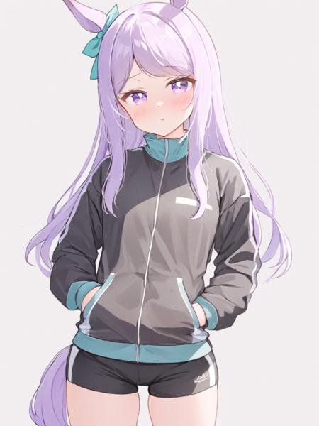 <lora:ç®ç½éº¦æ:1>,1girl, solo, mejiro_mcqueen_\(umamusume\), long_hair, animal_ears, jacket, horse_ears, purple_eyes, white_background, purple_hair, simple_background, black_jacket, looking_at_viewer, shorts, long_sleeves, bangs, horse_girl, track_jacket, hand_in_pocket, closed_mouth, blush, swept_bangs, aqua_ribbon, cowboy_shot, black_shorts, short_shorts, thighs, ear_ribbon, ribbon