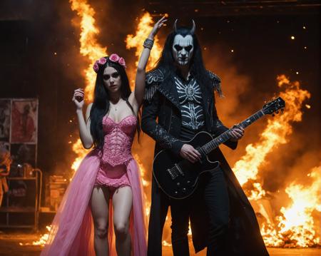score_9, score_8_up, score_7_up,  (full body view:1.3), 2 persons, (1man, heavy metal guitarist, corpse paint, long hair), (1girl, pop singer in pink dress), standing on a stage, flames, explosions, blood, flowers, unicorns,  ziprealism, real skin, ray tracing, detail shadow, shot on Fujifilm X-T4,85mm f1.2,sharp focus, <lora:add-detail-xl:1>