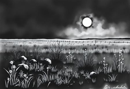 a dark and gloomy landscape of the desolate field in the summer day. despite the middle of the day and the bright sun the whole landscape is haunting with emptiness. the picture is painted only in black and white watercolours. The background is black. 
there are some stones in the fields, wild plants, weed, etc.
the field is the remnant of a crop in the village